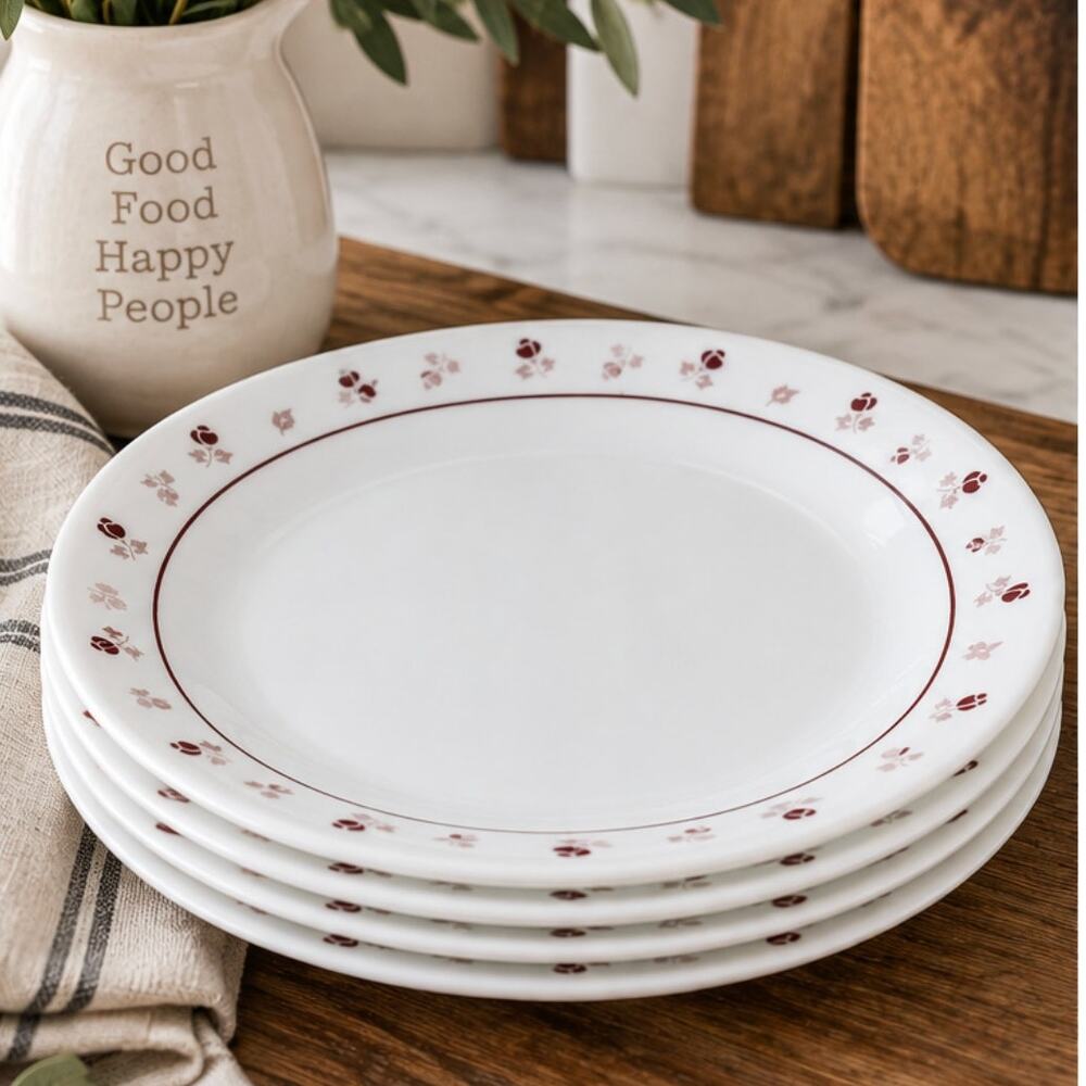 4 Vintage Corelle Burgundy Rose Dinner Plates 10.25" Corning USA 1970s Floral
